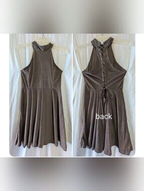 NWOT High-Neck Lace-Up Back Taupe Skater Dress Sz. L